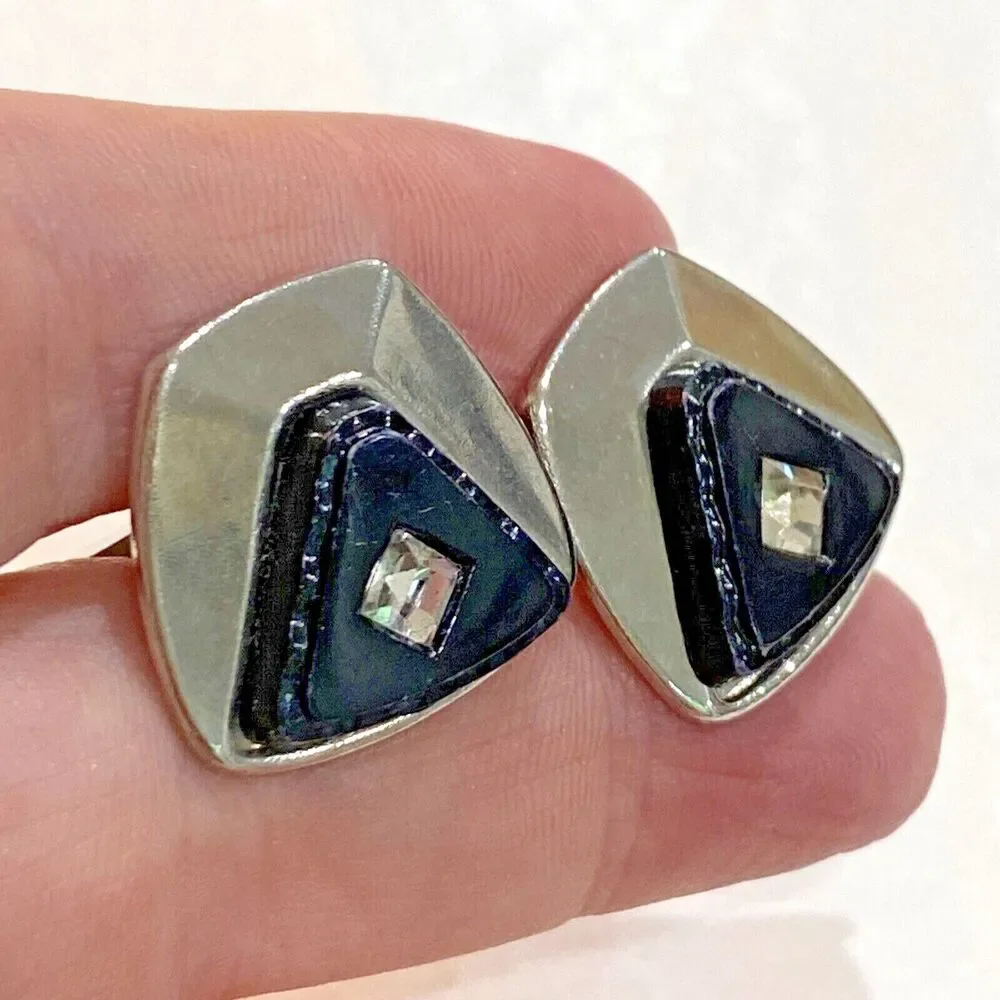 Vintage mid century cufflinks silvertone & carved black stone with rhinestones